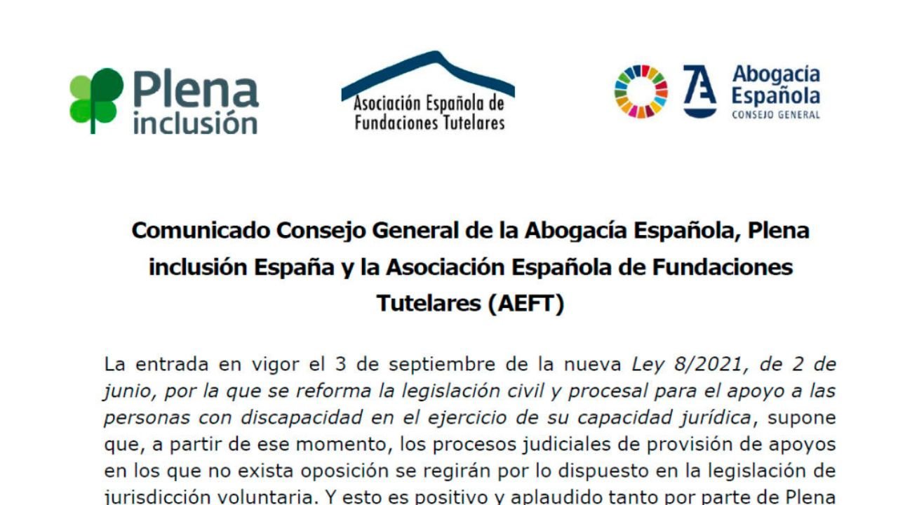 Comunicado do Consello Xeral da Avogacía Española, Plena inclusión España e a Asociación Española de Fundacións Tutelares (AEFT)