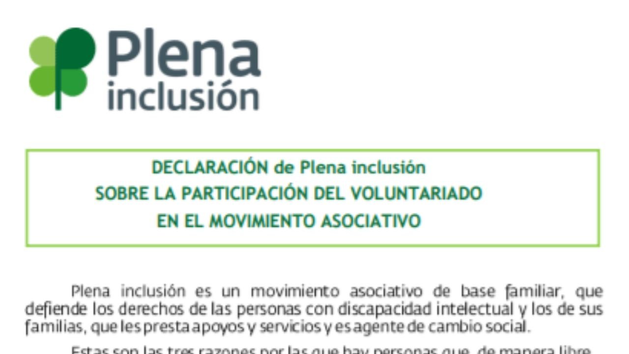 Declaración de Plena inclusión sobre la participación del Voluntariado en el movimiento asociativo